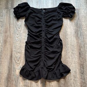 Black Ruched Midi Dress with Puff Sleeves by